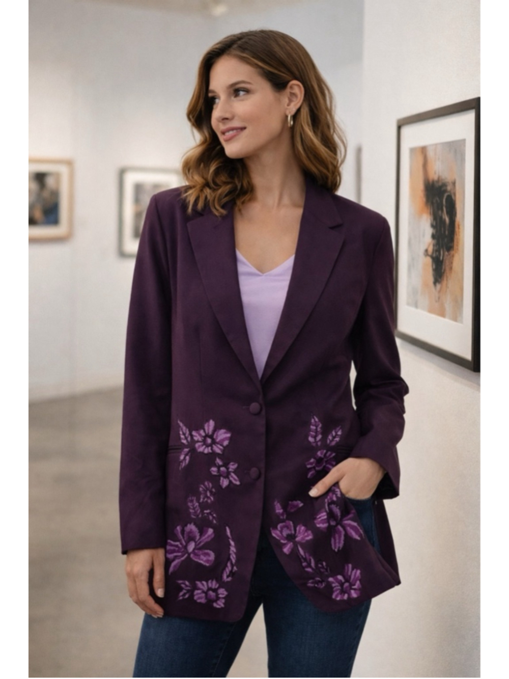 La Fuori Purple Embroidered Blazer Jacket Floral Suiting Women’s Small NWT